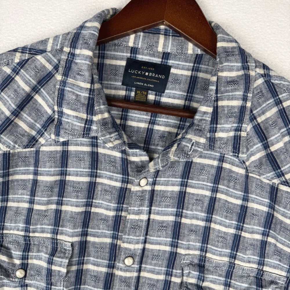 Lucky Brand Western Shirt Mens XL Blue Plaid Linen Blend Short Sleeve Cowboy